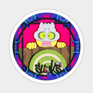 Dope Slluks character hiding behind a fence illustration Magnet